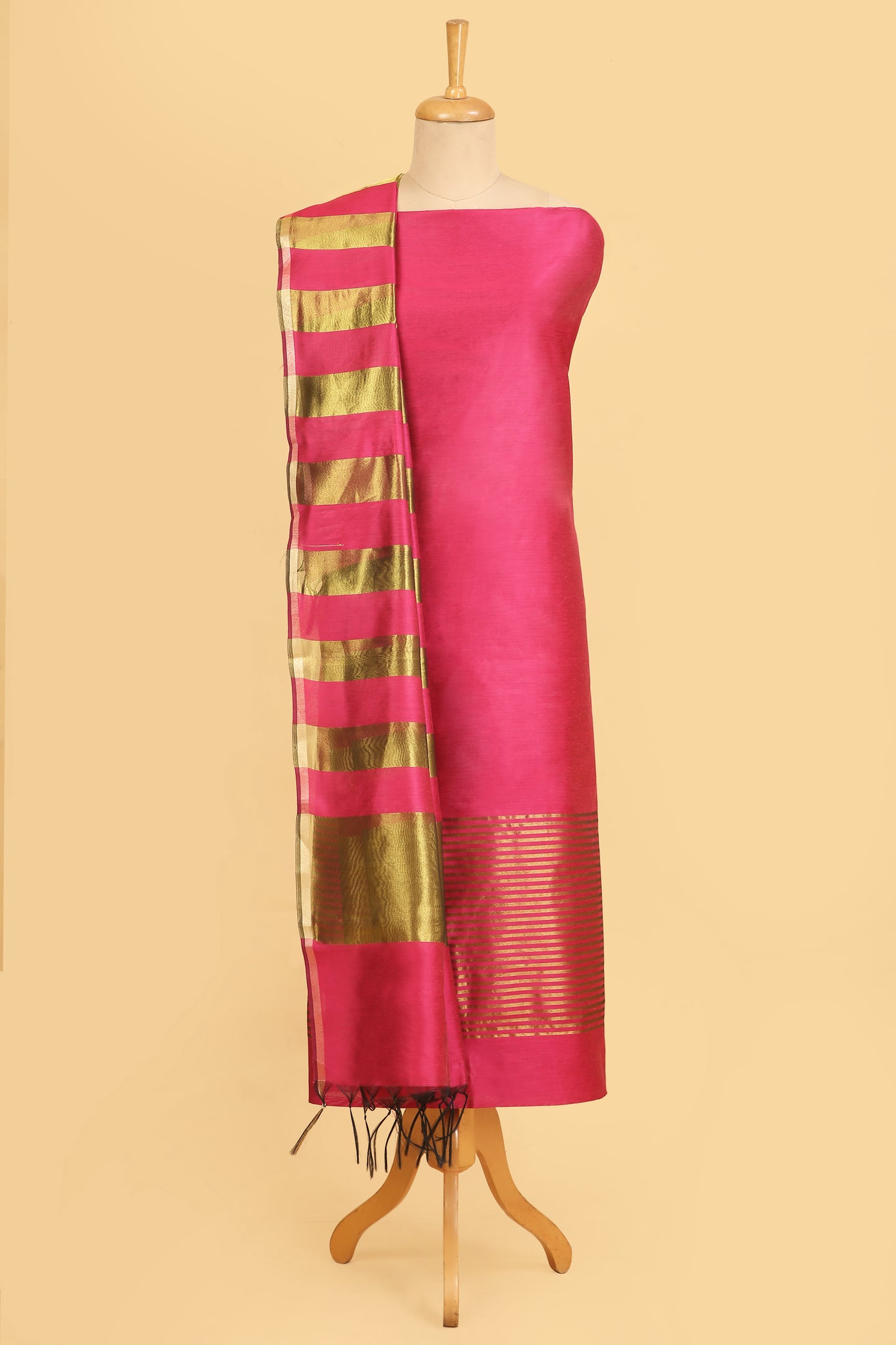 Pink Plain Banarasi Cotton Silk suit with woven border on daaman and Stripe woven golden zari dupatta