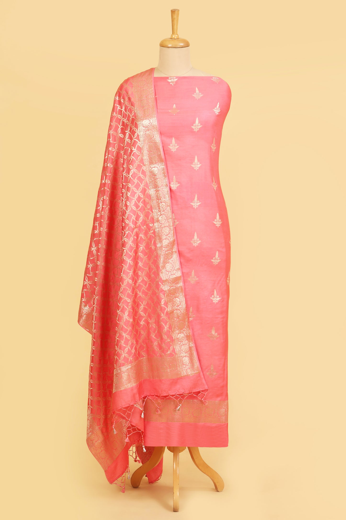 Peach Chiniya Silk Blend Zari Woven Unstitched suit set with Zari Woven Dupatta