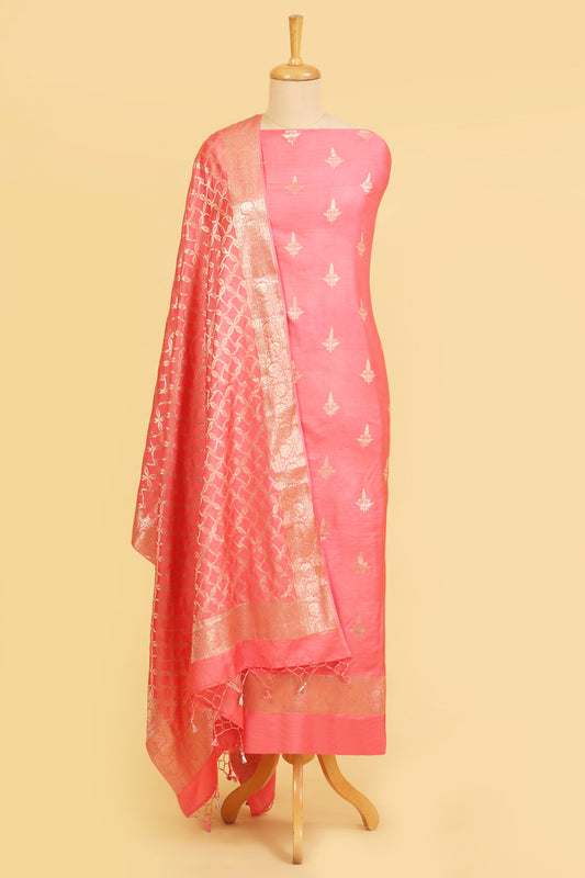 Peach Chiniya Silk Blend Zari Woven Unstitched suit set with Zari Woven Dupatta