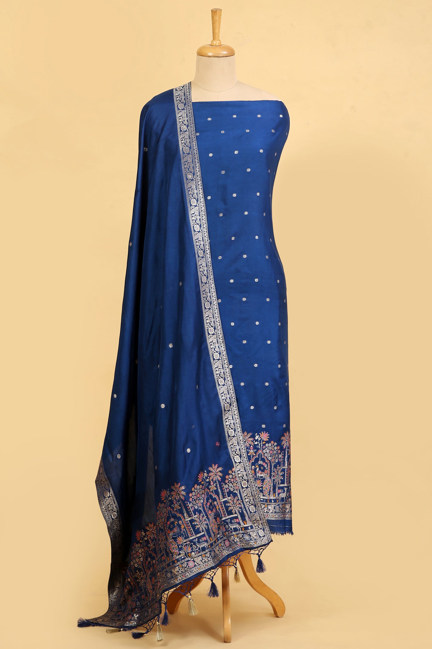 Midnight Blue Chanderi Silk suit in small motifs all over shirt and dupatta with meenakari work on ghera and border