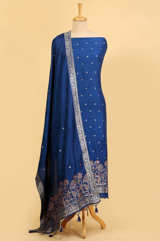 Midnight Blue Chanderi Silk suit in small motifs all over shirt and dupatta with meenakari work on ghera and border