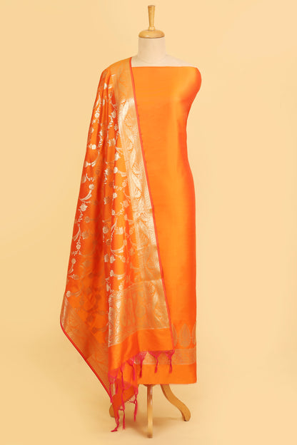 Orange Banarasi Silk Blend Suit Set in Plain Shirt with Front Border and Jaal Woven Dupatta