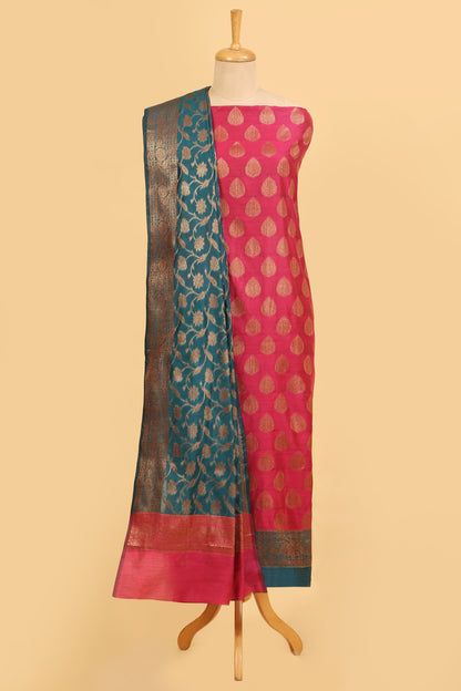 Pink Banarasi Cotton Silk Zari Buti Woven Unstitched suit with Teal Green Contrast Jaal Woven Dupatta