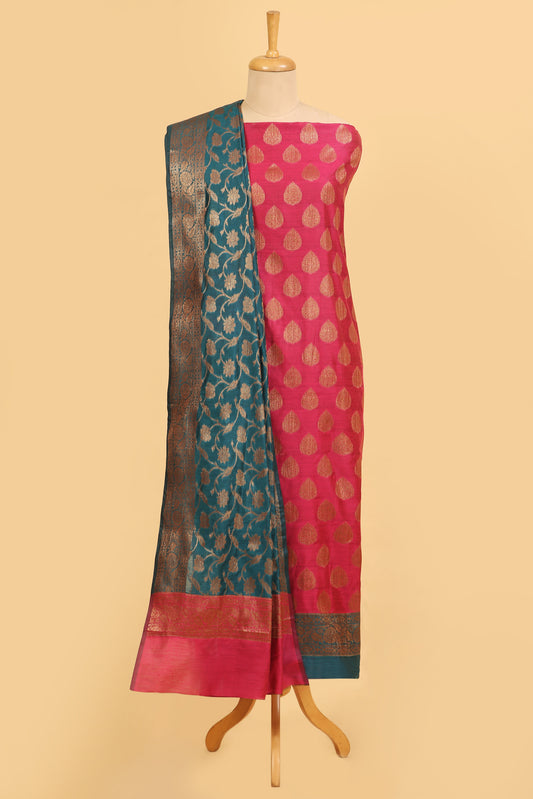 Pink Banarasi Cotton Silk Zari Buti Woven Unstitched suit with Teal Green Contrast Jaal Woven Dupatta