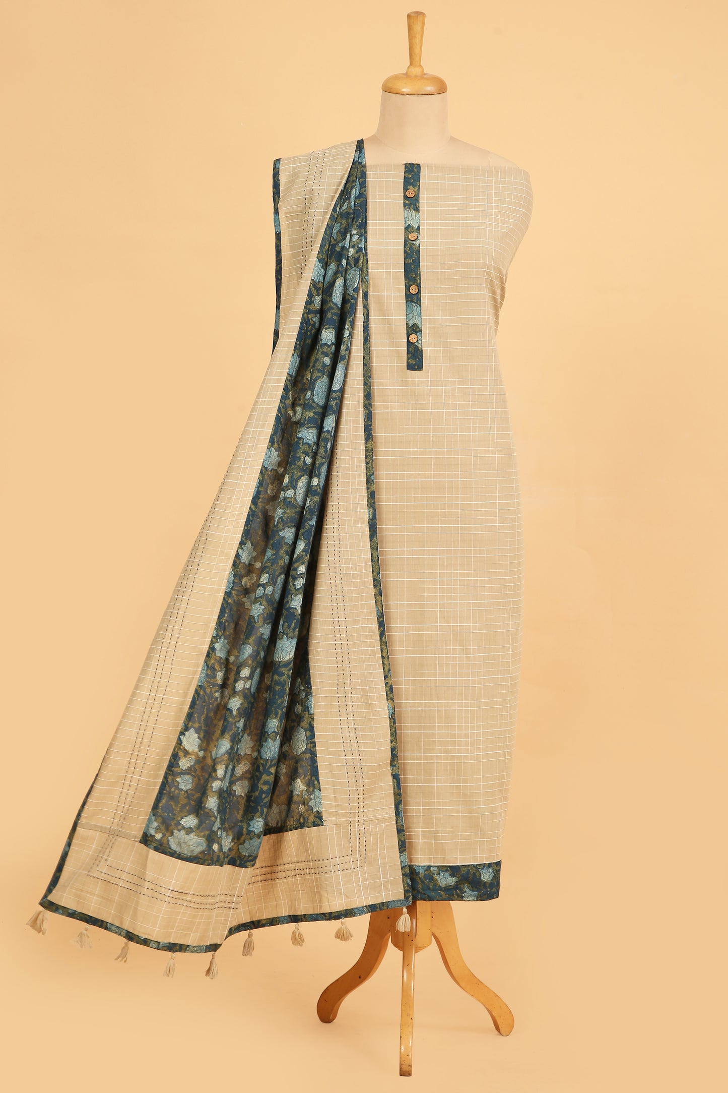Beige Handloom Cotton in self weave fabric with Modal Cotton Dupatta