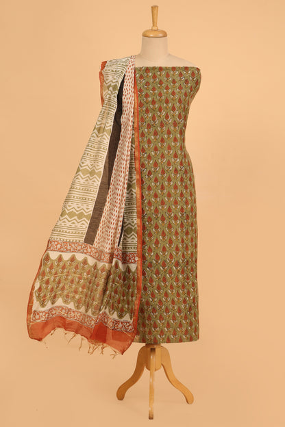 Green Hand Block pure Chanderi unstitched suit set in handblock shirt and dupatta with contrast plain cotton bottom