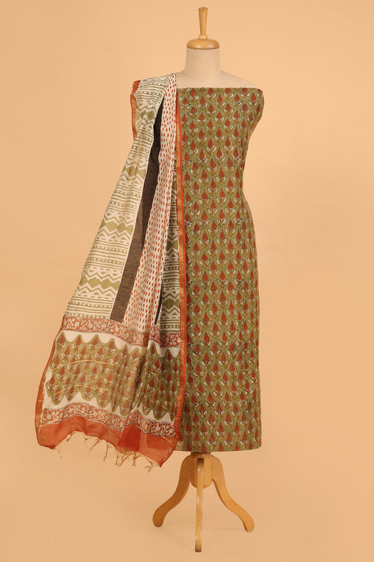 Green Hand Block pure Chanderi unstitched suit set in handblock shirt and dupatta with contrast plain cotton bottom