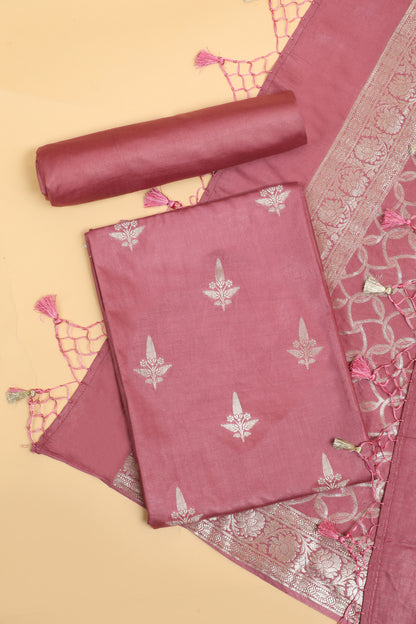 Soft pink Chiniya Silk Blend Zari Woven Unstitched suit set with Zari Woven Dupatta