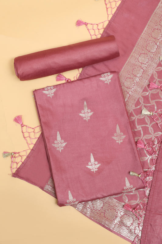 Soft pink Chiniya Silk Blend Zari Woven Unstitched suit set with Zari Woven Dupatta