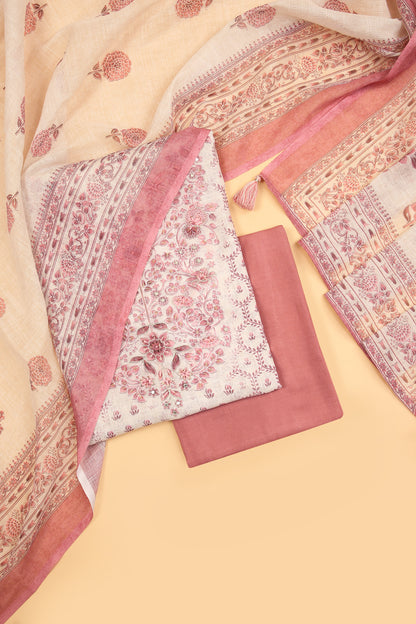Off White and pink Linen blend unstitched suit fabric in Print with Minimal Embroidery work on neck with Linen Blend printed Dupatta