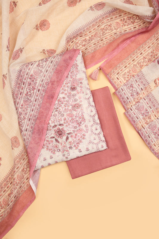 Off White and pink Linen blend unstitched suit fabric in Print with Minimal Embroidery work on neck with Linen Blend printed Dupatta