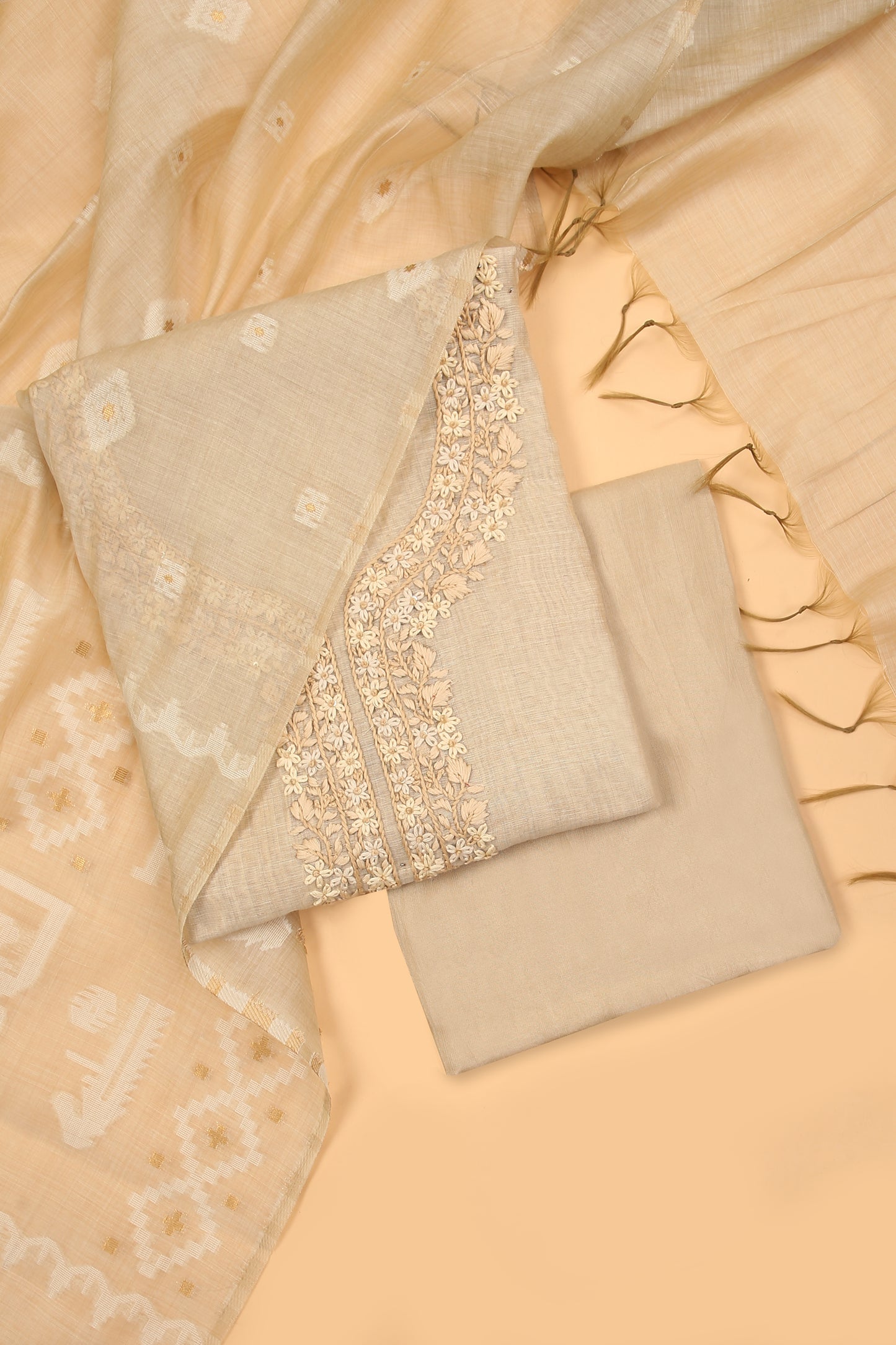 Off White Jamdani unstitched suit fabric with self Color French knot embroidery on neck with Jamdani weaved dupatta