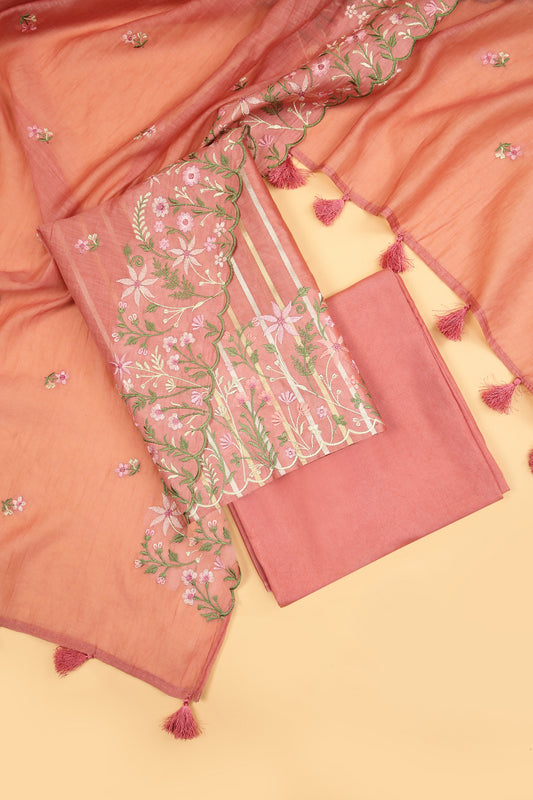 Peach Pure chanderi silk unstitched suit set in sona rupa striped weaving paired with multi colour emroidered dupatta