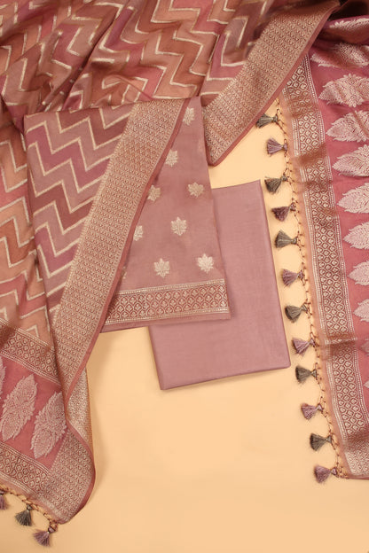 Blush Nude Banarasi Chanderi Silk unstitched suit set in Zari Buti woven shirt paired with Rangkaat and woven dupatta