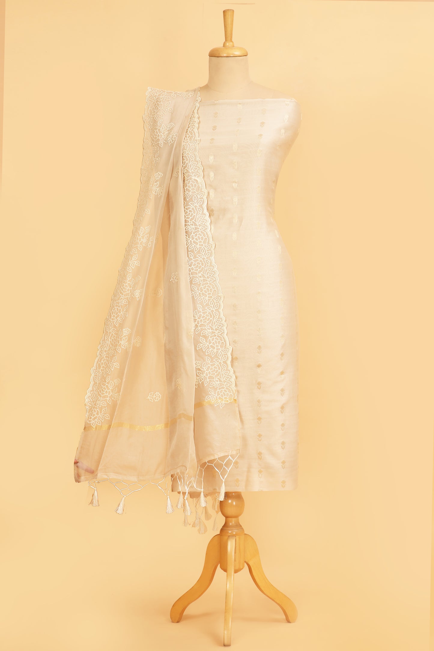 Ivory Pure Chanderi Unstitched Suit in buti weaving with Pure Organza embroidered dupatta