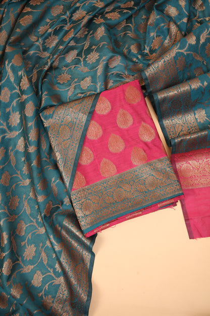 Pink Banarasi Cotton Silk Zari Buti Woven Unstitched suit with Teal Green Contrast Jaal Woven Dupatta