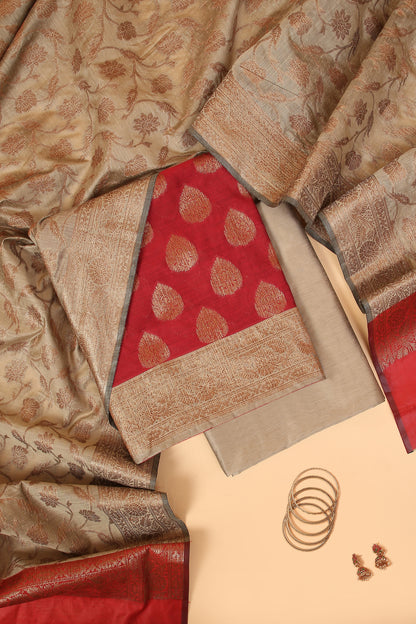 Red Banarasi Cotton Silk Zari Buti Woven Unstitched suit with Chiku Contrast Jaal Woven Dupatta