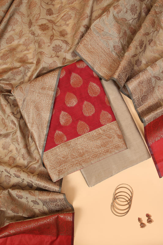 Red Banarasi Cotton Silk Zari Buti Woven Unstitched suit with Chiku Contrast Jaal Woven Dupatta