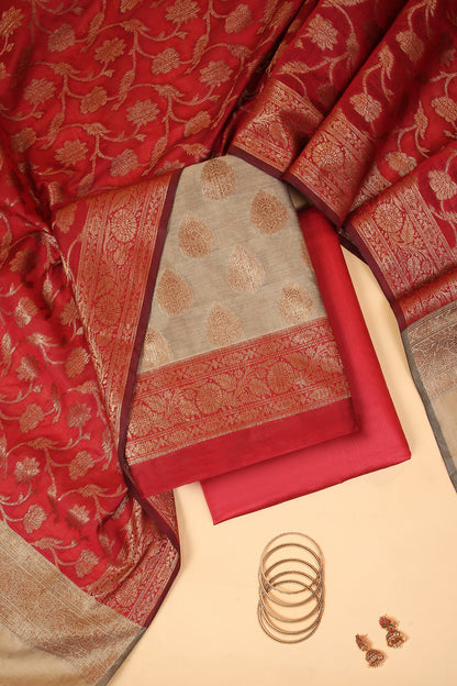 Chiku color Banarasi Cotton Silk Zari Buti Woven Unstitched suit with Red Contrast Jaal Woven Dupatta
