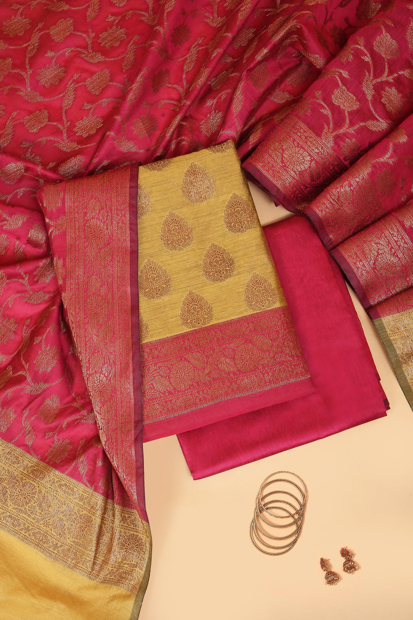 Mustard Yellow Banarasi Cotton Silk Zari Buti Woven Unstitched suit with Pink Contrast Jaal Woven Dupatta