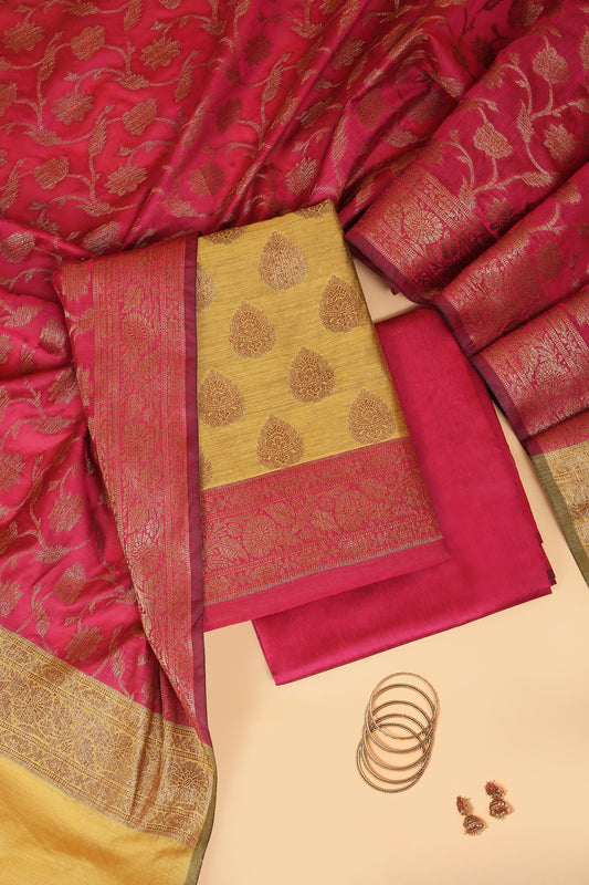 Mustard Yellow Banarasi Cotton Silk Zari Buti Woven Unstitched suit with Pink Contrast Jaal Woven Dupatta
