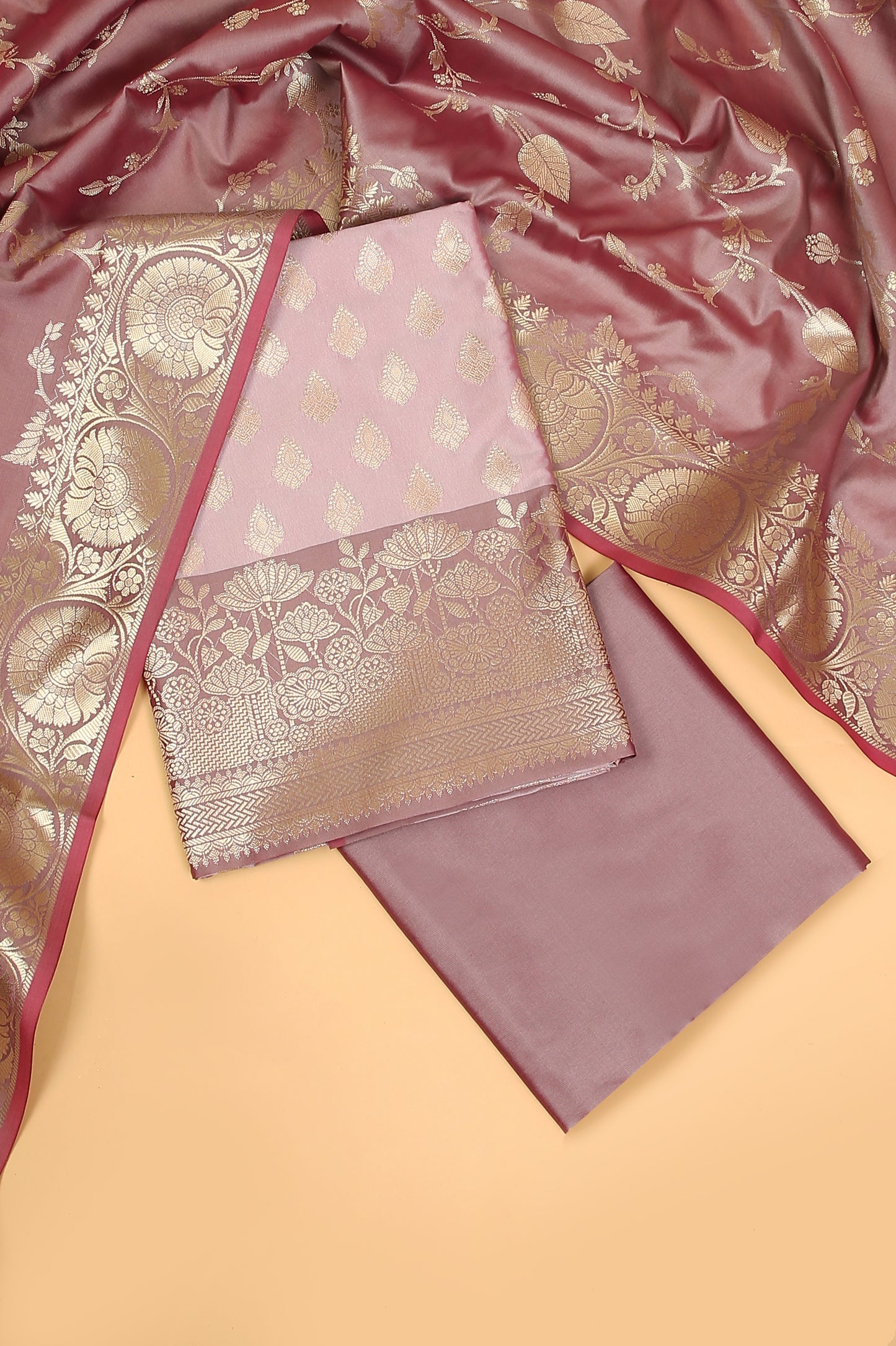 Pink Pastel Base paired with Buti on shirt in Banarasi Silk Blend with Self Contrast Jaal Woven Dupatta