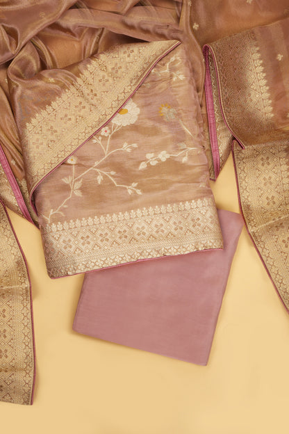 Soft Pink Tissue Silk in small buti paired with Floral and Meenakari Zari Weave on Daaman and Dupatta