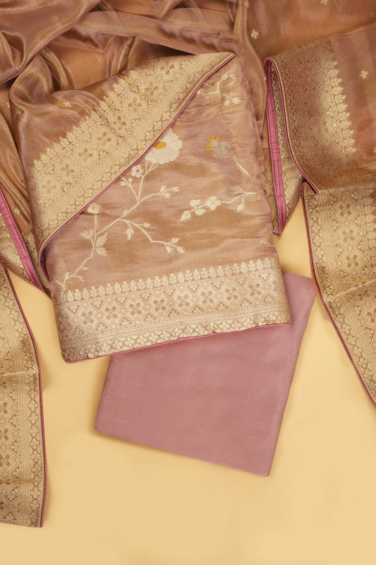 Soft Pink Tissue Silk in small buti paired with Floral and Meenakari Zari Weave on Daaman and Dupatta