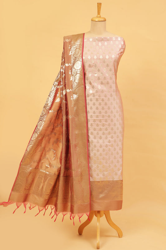 Chiku Pastel Base paired with Buti on shirt in Banarasi Silk Blend with Self Contrast Jaal Woven Dupatta