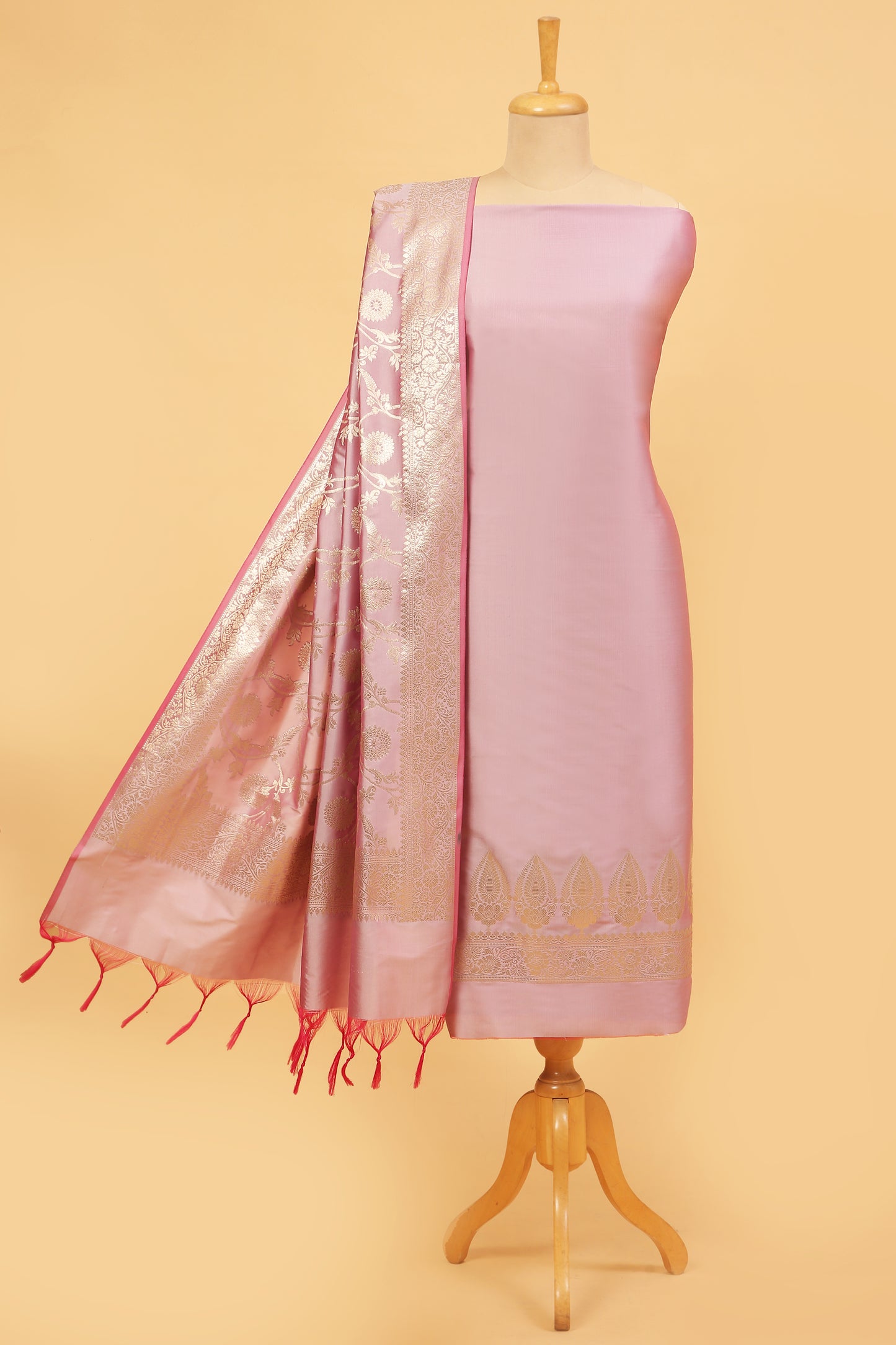 Blush Pink Banarasi Silk Blend Suit Set in Plain Shirt with Front Border and Jaal Woven Dupatta