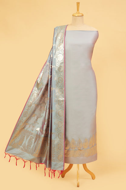 Grey Banarasi Silk Blend Suit Set in Plain Shirt with Front Border and Jaal Woven Dupatta