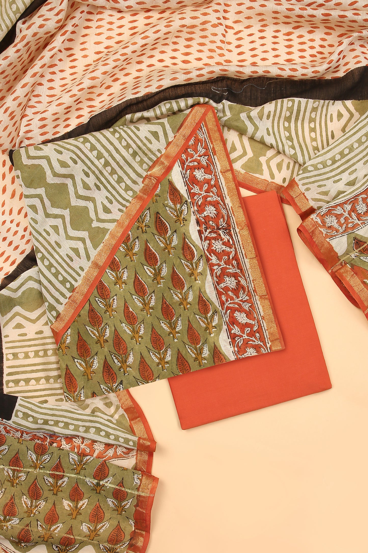 Green Hand Block pure Chanderi unstitched suit set in handblock shirt and dupatta with contrast plain cotton bottom