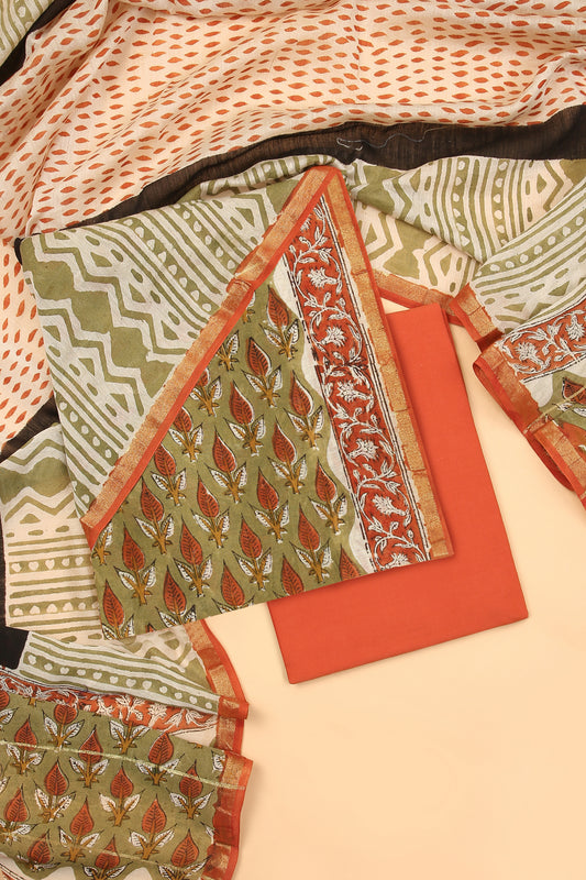 Green Hand Block pure Chanderi unstitched suit set in handblock shirt and dupatta with contrast plain cotton bottom