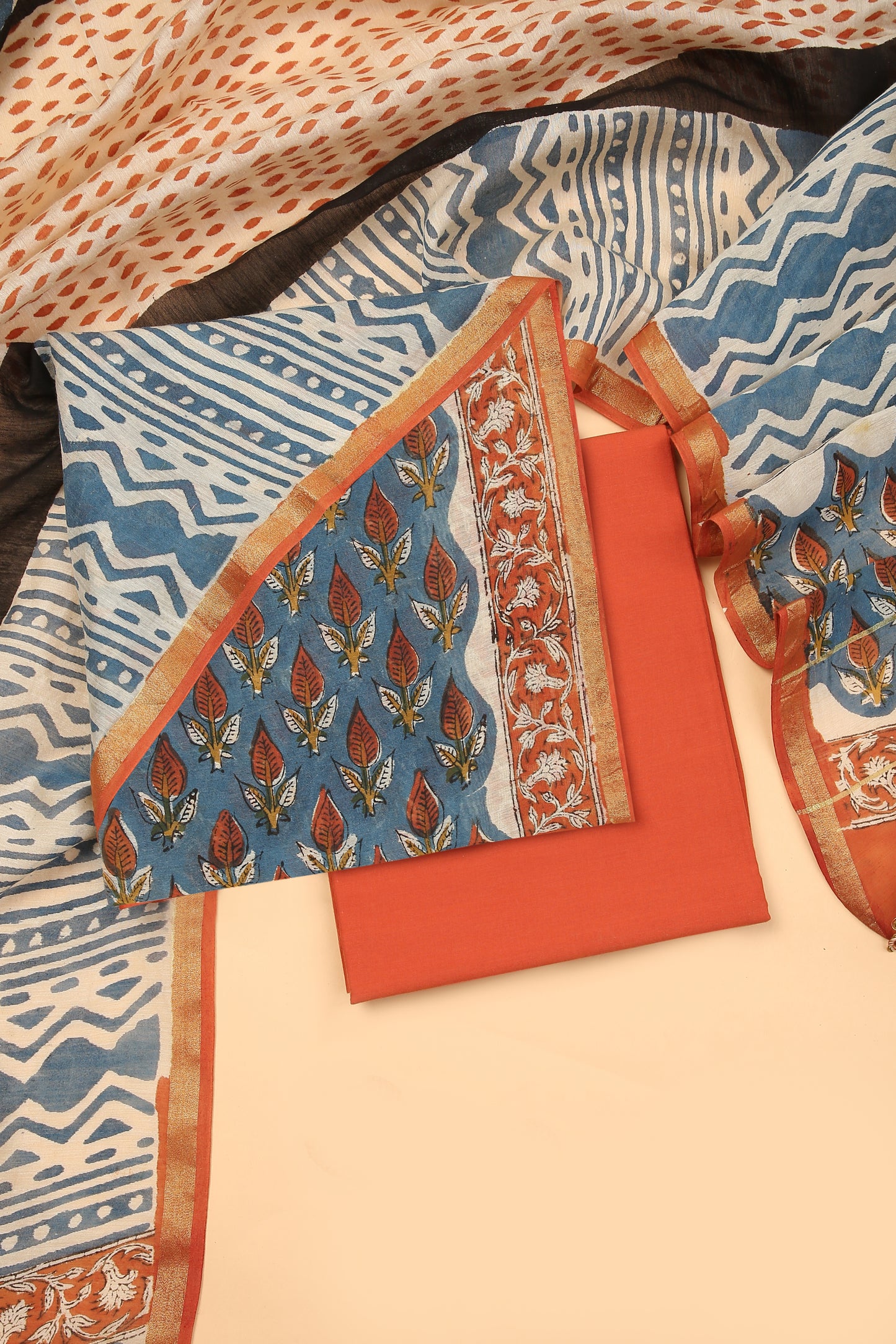 Blue Hand Block pure Chanderi unstitched suit set in handblock shirt and dupatta with contrast plain cotton bottom