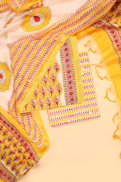 Yellow Pure Hand Block Chanderi unstitched suit set with pure Cotton striped handblock Bottom
