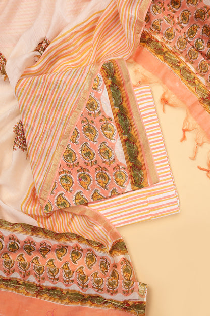 Peach Pure Hand Block Chanderi unstitched suit set with pure Cotton striped handblock Bottom