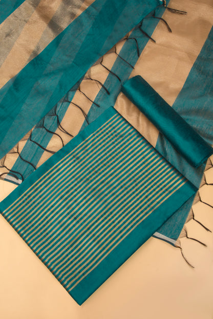 Teal Green Plain Banarasi Cotton Silk suit with woven border on daaman and Stripe woven golden zari dupatta