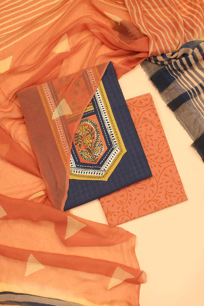 Blue Charm Handloom unstitched Cotton Suit with hand block Maroon Cotton Bottom