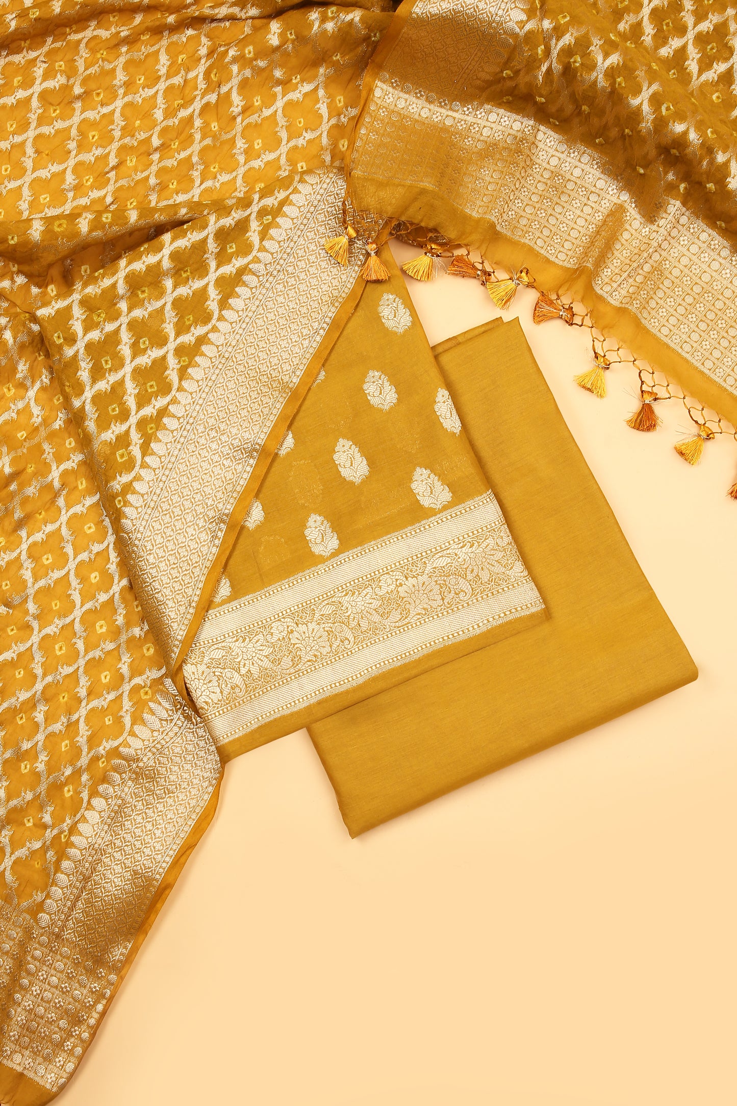 Haldi Yellow Banarasi Chanderi Silk unstitched suit set in Zari Buti woven shirt with Bandhani and woven dupatta