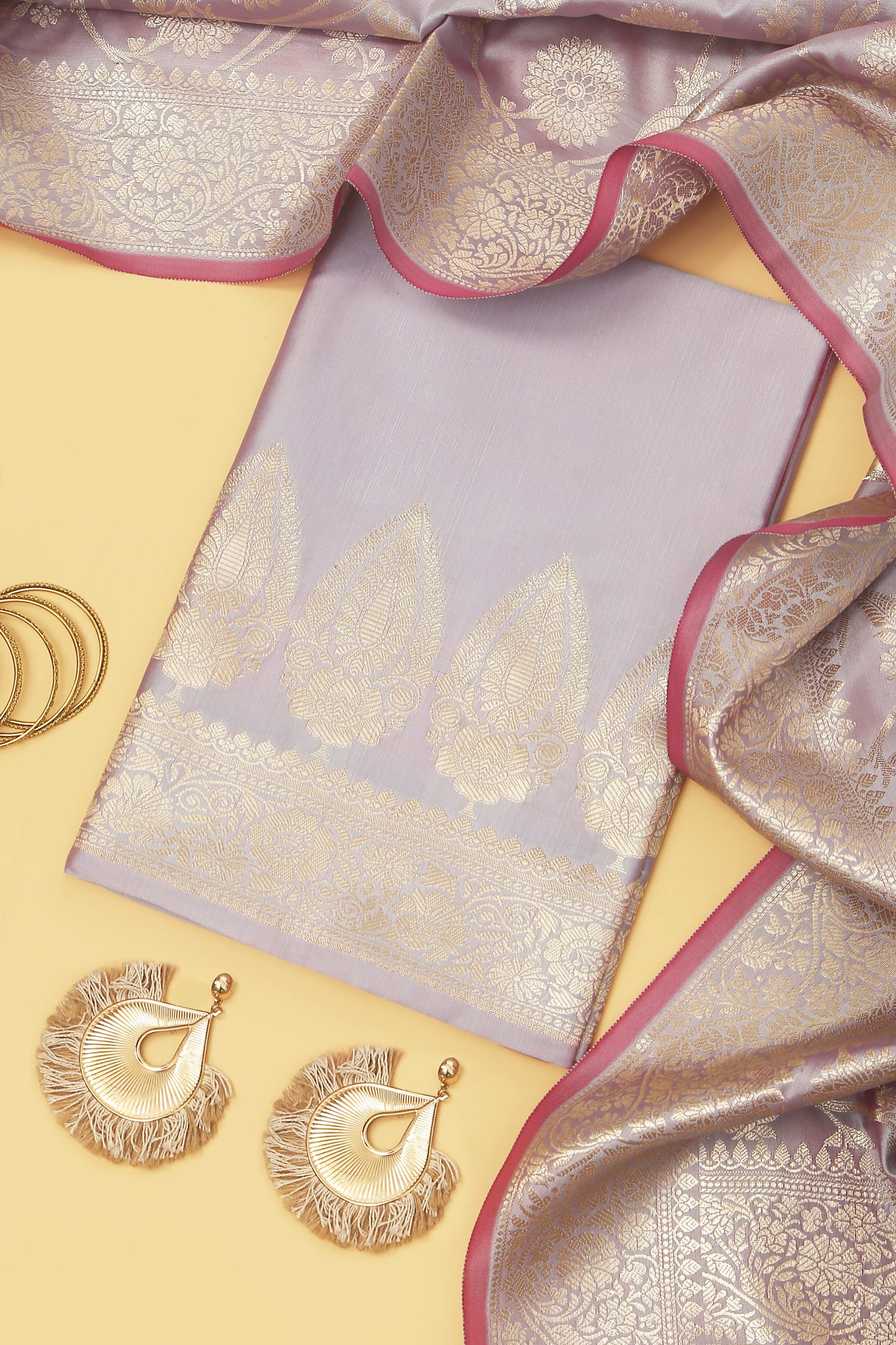 Lavender Banarasi Silk Blend Suit Set in Plain Shirt with Front Border and Jaal Woven Dupatta