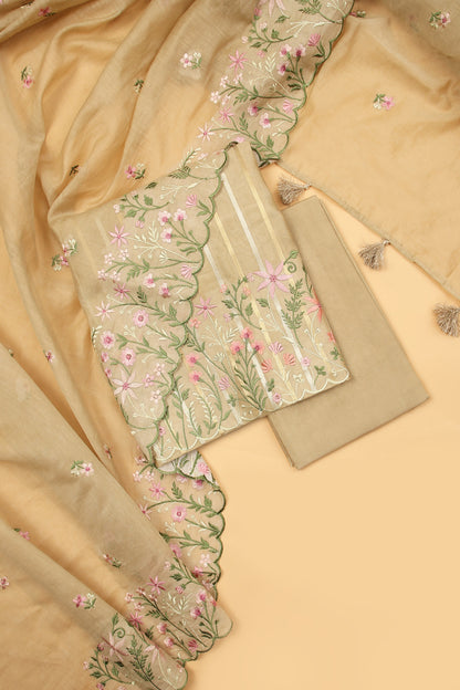Beige Pure chanderi silk unstitched suit set in sona rupa striped weaving paired with multi colour emroidered dupatta