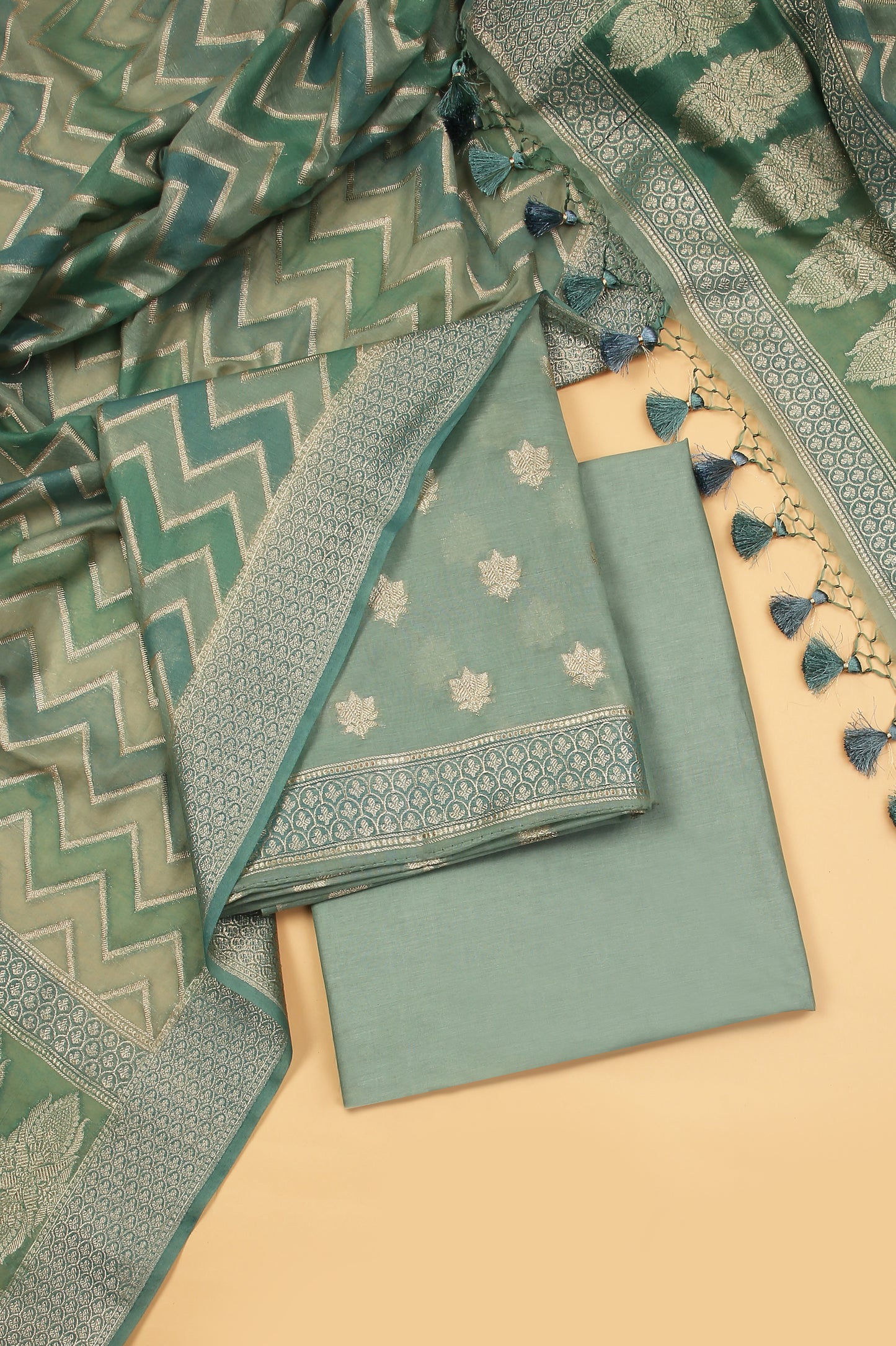 Aqua Green Banarasi Chanderi Silk unstitched suit set in Zari Buti woven shirt paired with Rangkaat and woven dupatta