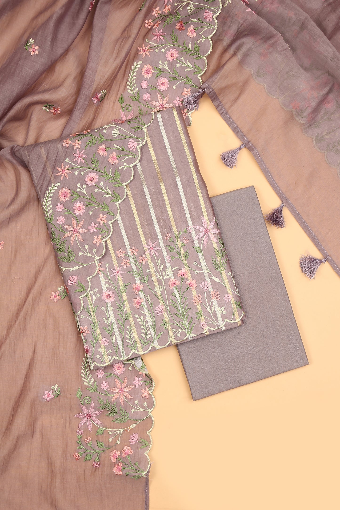 Light Purple Pure chanderi silk unstitched suit set in sona rupa striped weaving paired with multi colour emroidered dupatta