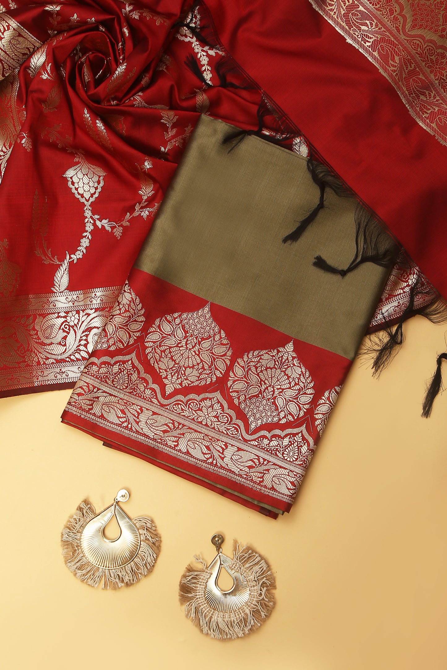 Olive Grey Banarasi Silk BlenSuit Set in Plain Shirt with Contrast Red Front Border and Contrast Red Jaal Woven Dupatta
