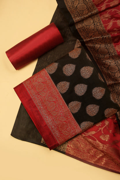 Black Banarasi Cotton Silk Zari Buti Woven Unstitched suit with Black Contrast Jaal Woven Dupatta