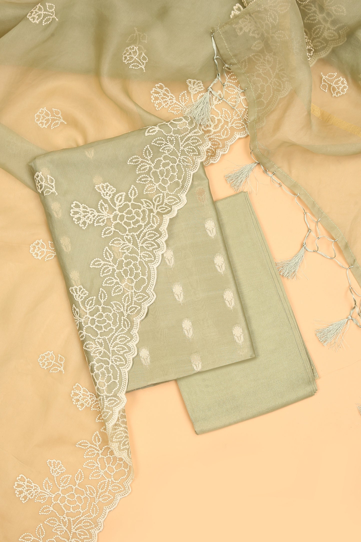 Pastel Green Pure Chanderi Unstitched Suit in buti weaving with Pure Organza embroidered dupatta