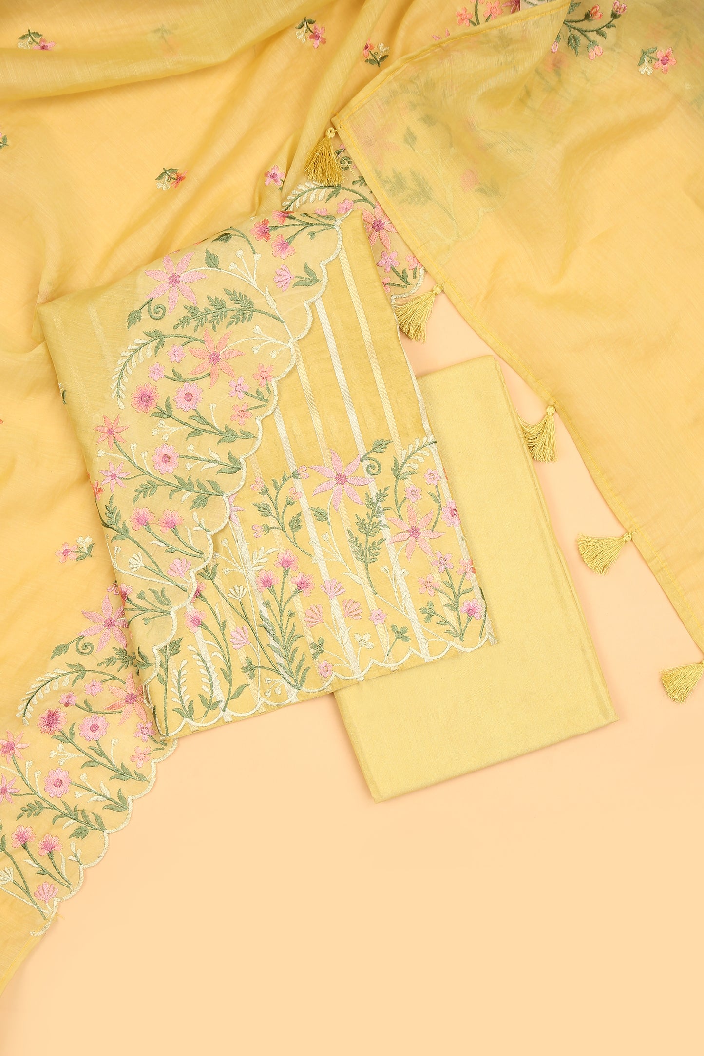 Pastel Yellow Pure chanderi silk unstitched suit set in sona rupa striped weaving paired with multi colour emroidered dupatta