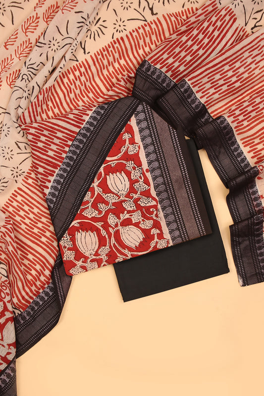 Red Kalamkari Pure Cotton hand block unstitched Suit set with hand block printed dupatta