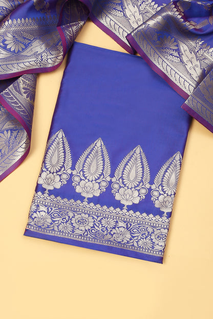 Royal Blue Banarasi Silk Blend Suit Set in Plain Shirt with Front Border and Jaal Woven Dupatta