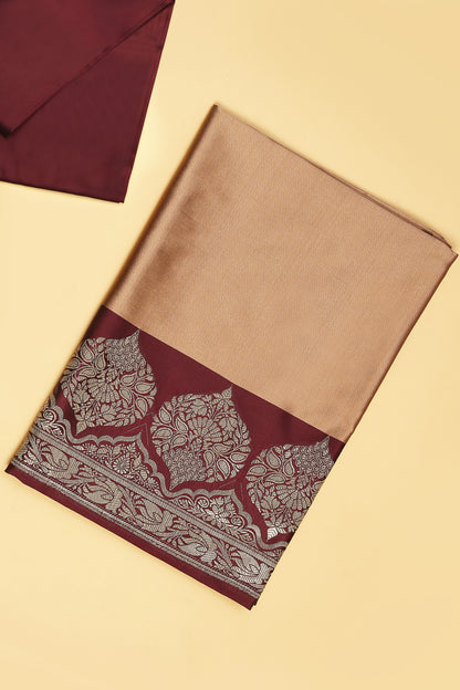 Nude Banarasi Silk Blend Suit Set in Plain Shirt with Contrast Maroon Front Border and Contrast Maroon Jaal Woven Dupatta